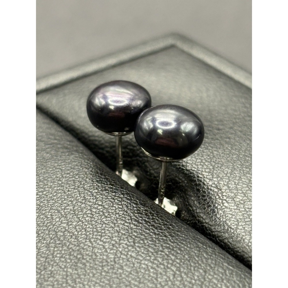 New Condition Sterling Silver Black Freshwater Pearl Stud Earrings 925 H25